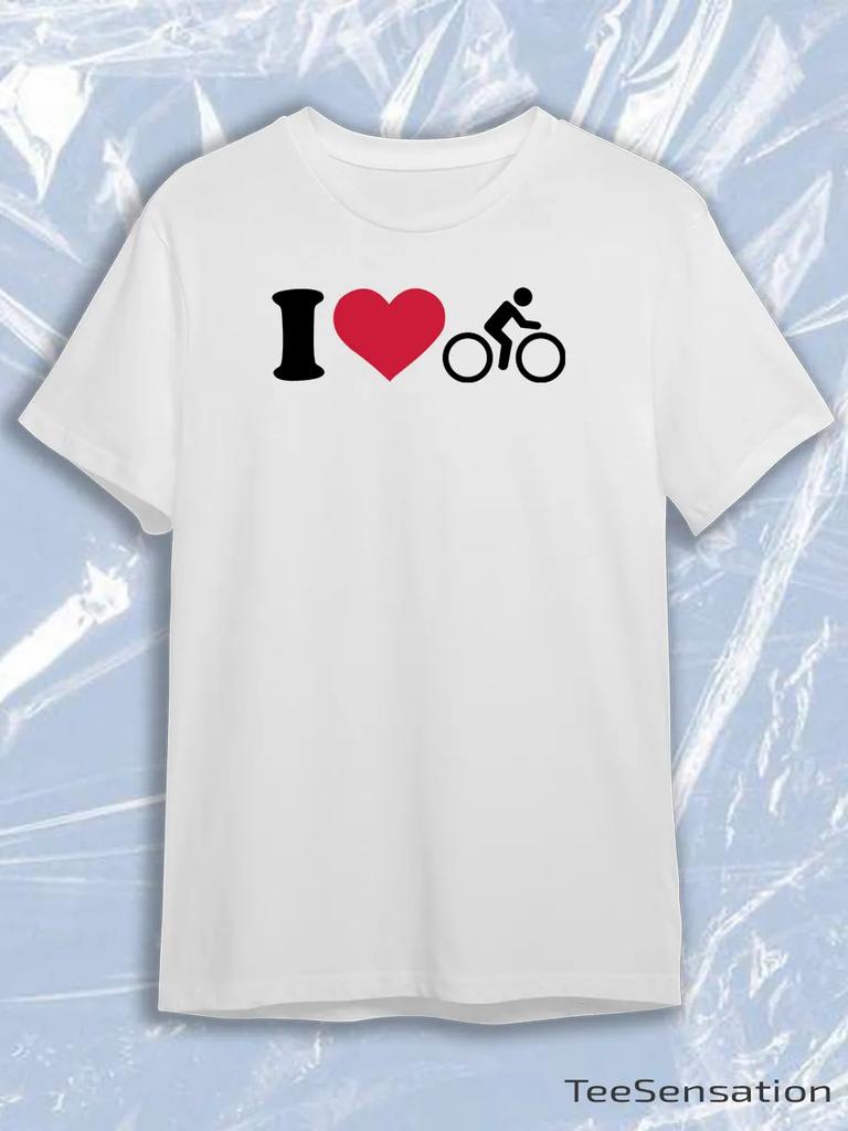 TeeSensation White Crew Neck Short Sleeve T-Shirt with I Heart Bike Cyclist Stick Figure Print