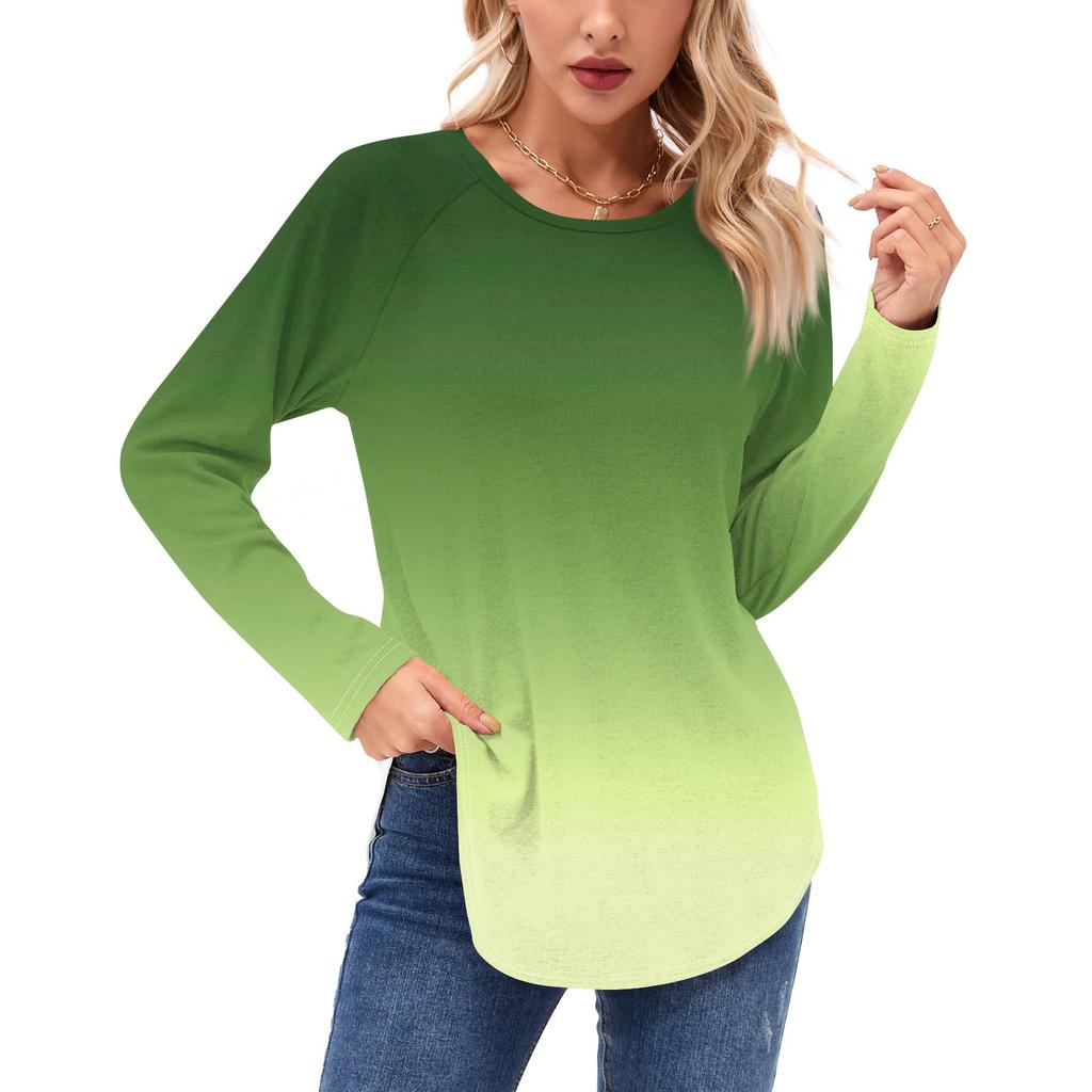 Женские рубашки с длинным рукавом, повседневные, модные, с градиентным принтом, туники, топы, с круглым вырезом, базовая свободная футболка
