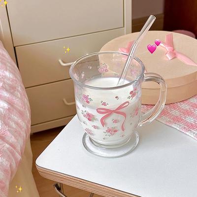 Kawaii Bowknot Стеклянные чашки, стаканы, эстетичные милые корейские кружки с цветком для льда, кофе, сока, пива, молока, чая, стаканы, чаши для девочек