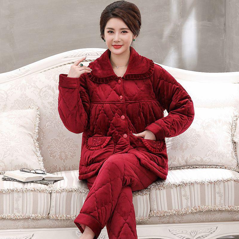 Женская зимняя стеганая пижама из кораллового флиса - Теплый фланелевый комплект для дома для мам среднего и пожилого возраста