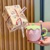 Girl's Heart Cute Strawberry Ceramic Cup Couple Mug with Lid for Girlfriend Birthday Gift Souvenir Gift Box