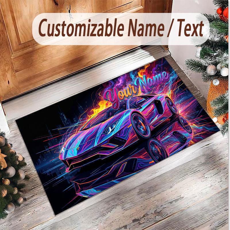 Car Racing Theme Soft Crystal Velvet Rug Custom Name & Text Print Non Slip Floor Rug for Bedroom Living Room