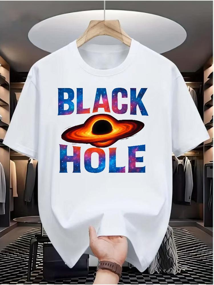 Summer Male Casual White T Shirt Starry Black Hole Letter Print Soft Cotton Short Sleeve Astronomy Minimalist Daily Top