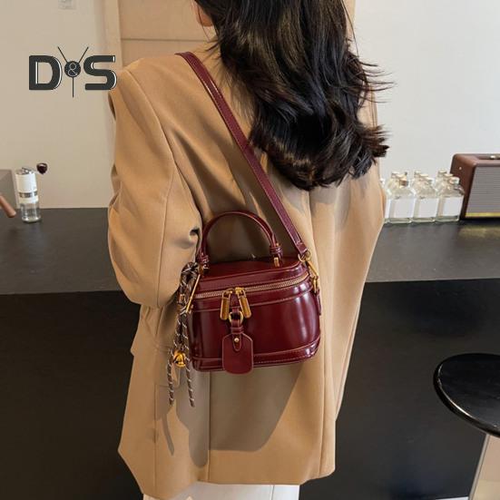 Crossbody Bag Bucket Shape Faux Leather Bell Rope Decor Handbag Vintage Zipper Closure Smooth Surface Shoulder Bag for Work Party Travel