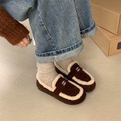 2025 зимние теплые шерстяные туфли одинарные туфли Boken туфли матовая кожа воловья кожа имитация овечьей шерсти туфли-лодочки женские