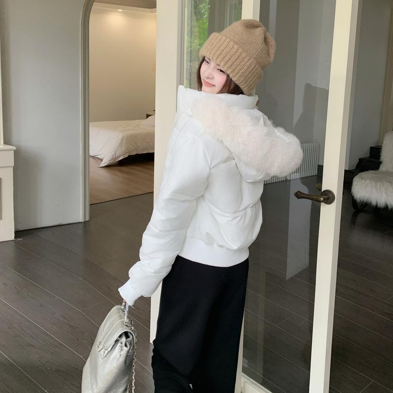 American black fur collar hooded down cotton-padded clothes women's winter warm thickened slim-fitting short cotton-padded jacket top