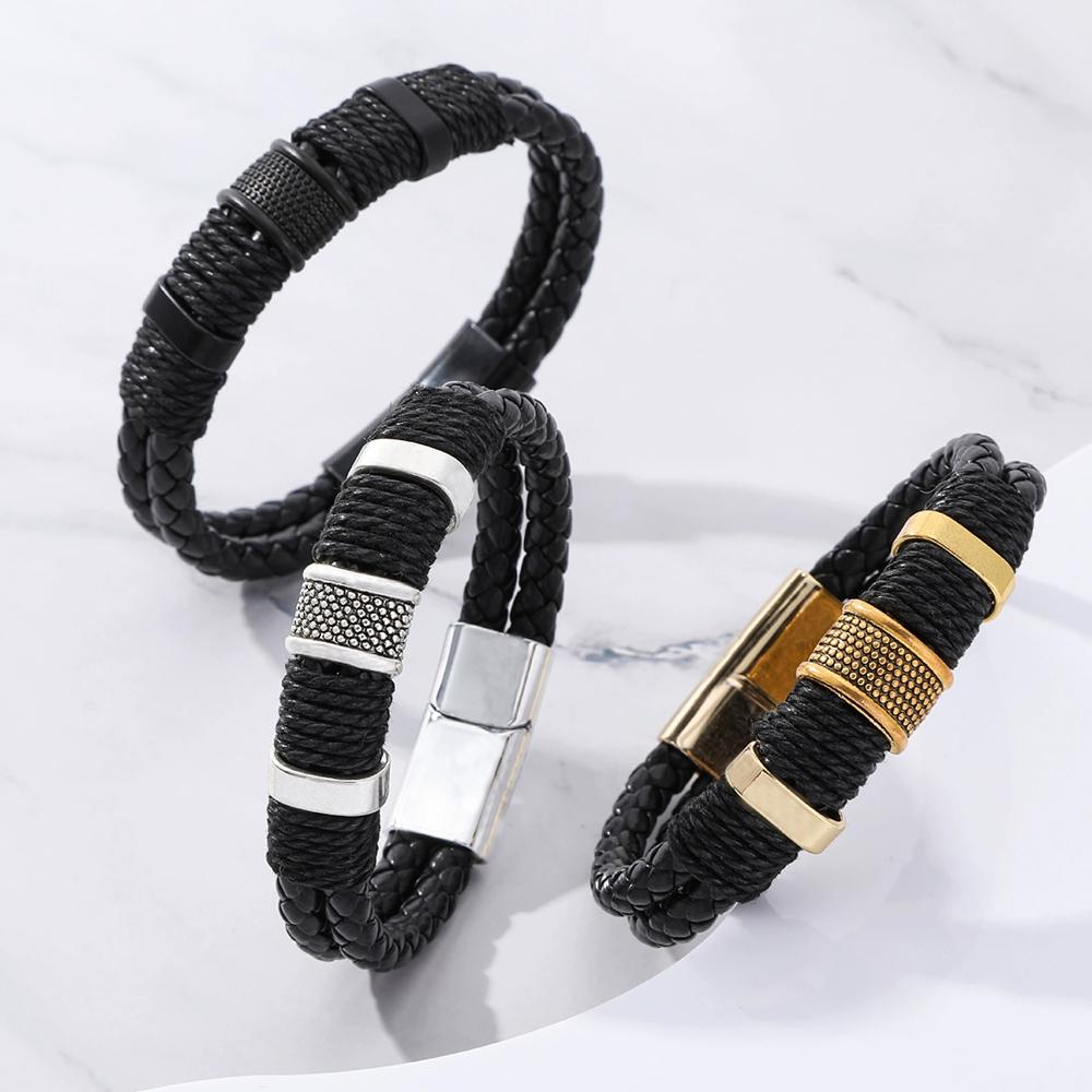Leather Woven Bracelet Double-Layer Retro Trendy Punk Minimalist Texture Magnetic Buckle Men's Women's Bangle Couple Jewelry