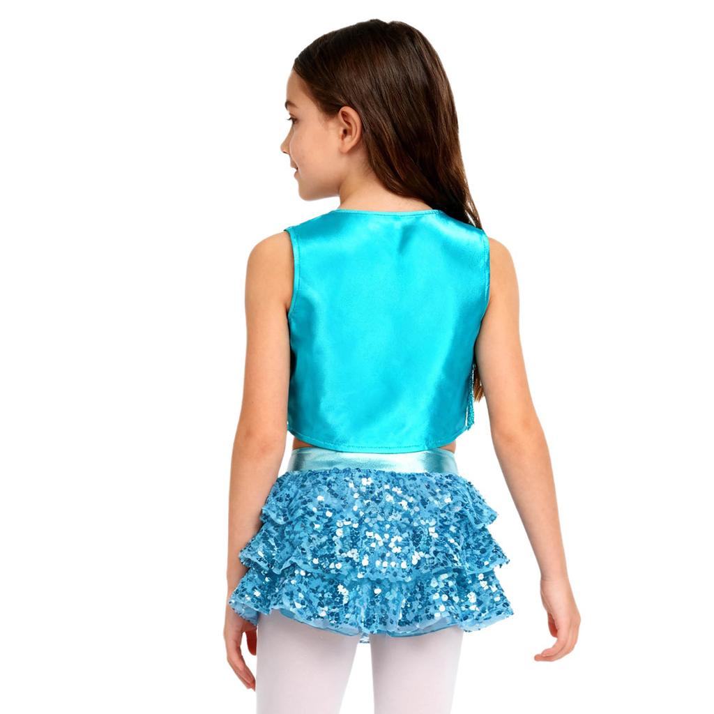 Complete 70s Disco Costume Set for Kids Girls: Shiny Metallic Top with Chest Tassels & Tiered Ruffle Shorts, 2-Piece Outfit