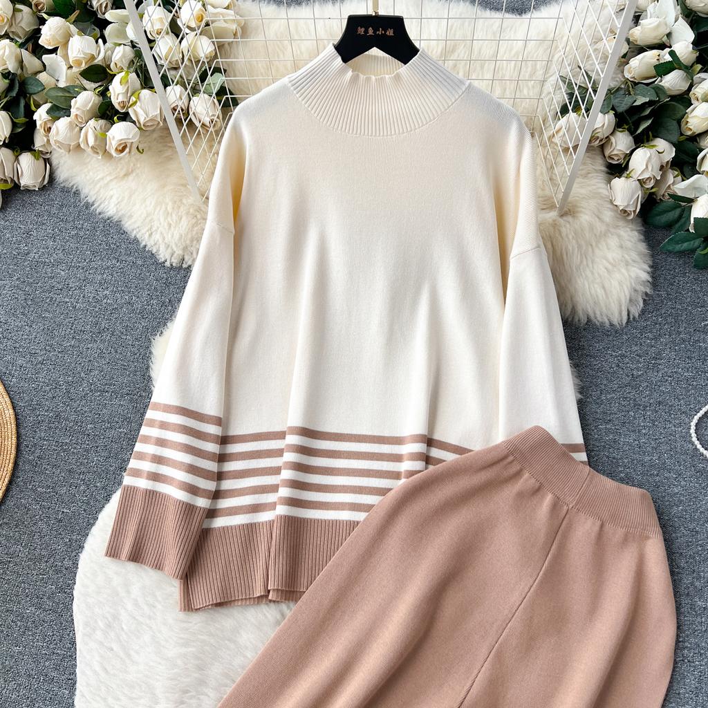 Осень-весна повседневные трикотажные комплекты с высоким воротником в полоску пуловер с разрезом + широкие длинные брюки женский модный свободный костюм-свитер