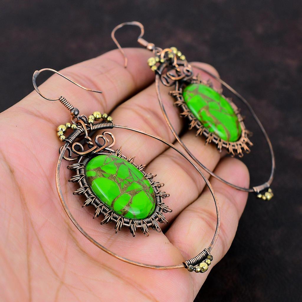 Медные зеленые бирюзовые серьги Медная проволока, обернутая ювелирными изделиями, драгоценный камень, серьги ручной работы, ювелирные изделия с камнем, подарок на годовщину, серьги из медной проволоки