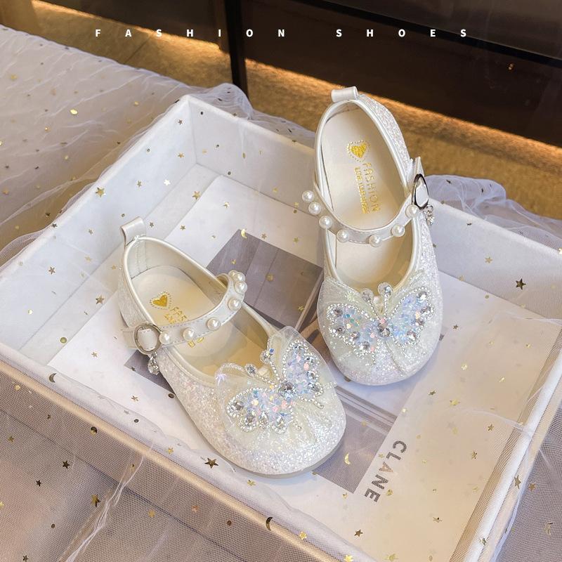Pink girls' princess shoes, spring and autumn crystal shoes, children's shoes, new white style, suitable for dresses, single shoes, girls' small