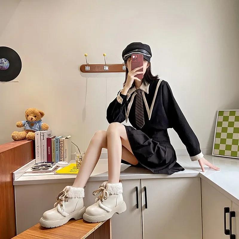 Женская обувь Ботильоны в стиле панк, элегантные женские зимние сапоги на среднем каблуке, боевые туфли Мэри Джейн в стиле Лолита, с ягненком на слипе, плюшевые, из искусственной кожи