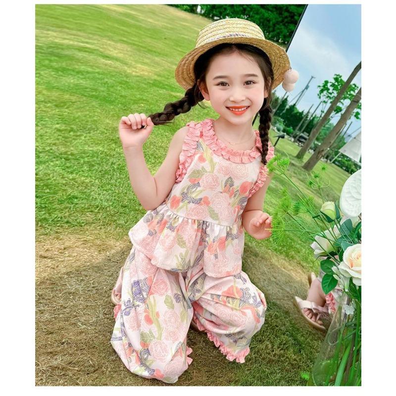 Летний комплект из жилета для девочек с цветочным принтом, детский комплект из двух предметов с грибковым краем