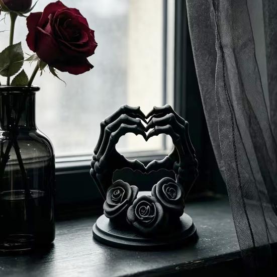 Three Dimensional Skull Craft 3D Printed Heart Shape Skeleton Hand Ornament, Gothic Rose Statue Niche Style Art Gifts for Home Decor, Unique