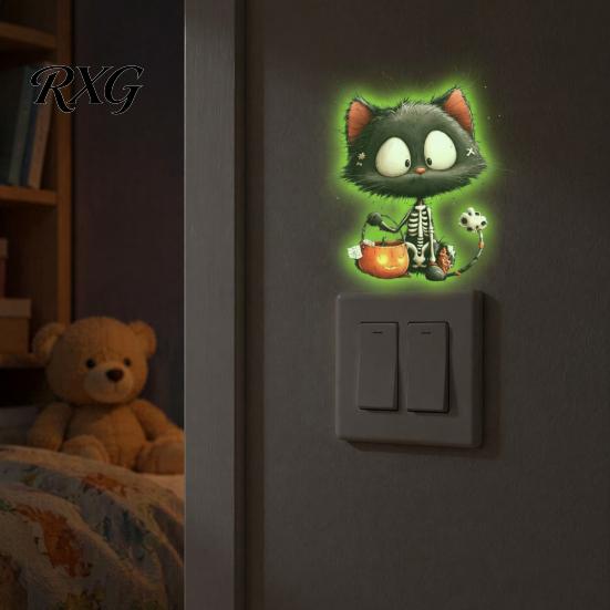 Halloween Bedroom Wall Art Glow in The Dark Switch Outlet Stickers, Cute Black Cat Witch Theme Decals Pumpkin Skull Decals, Waterproof Self-Adhesive