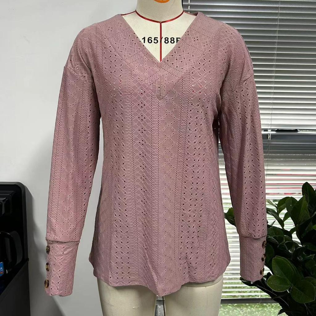 GMXIA Женская модная повседневная рубашка с V-образным вырезом и длинным рукавом, на пуговицах, с ажурной кружевной вышивкой