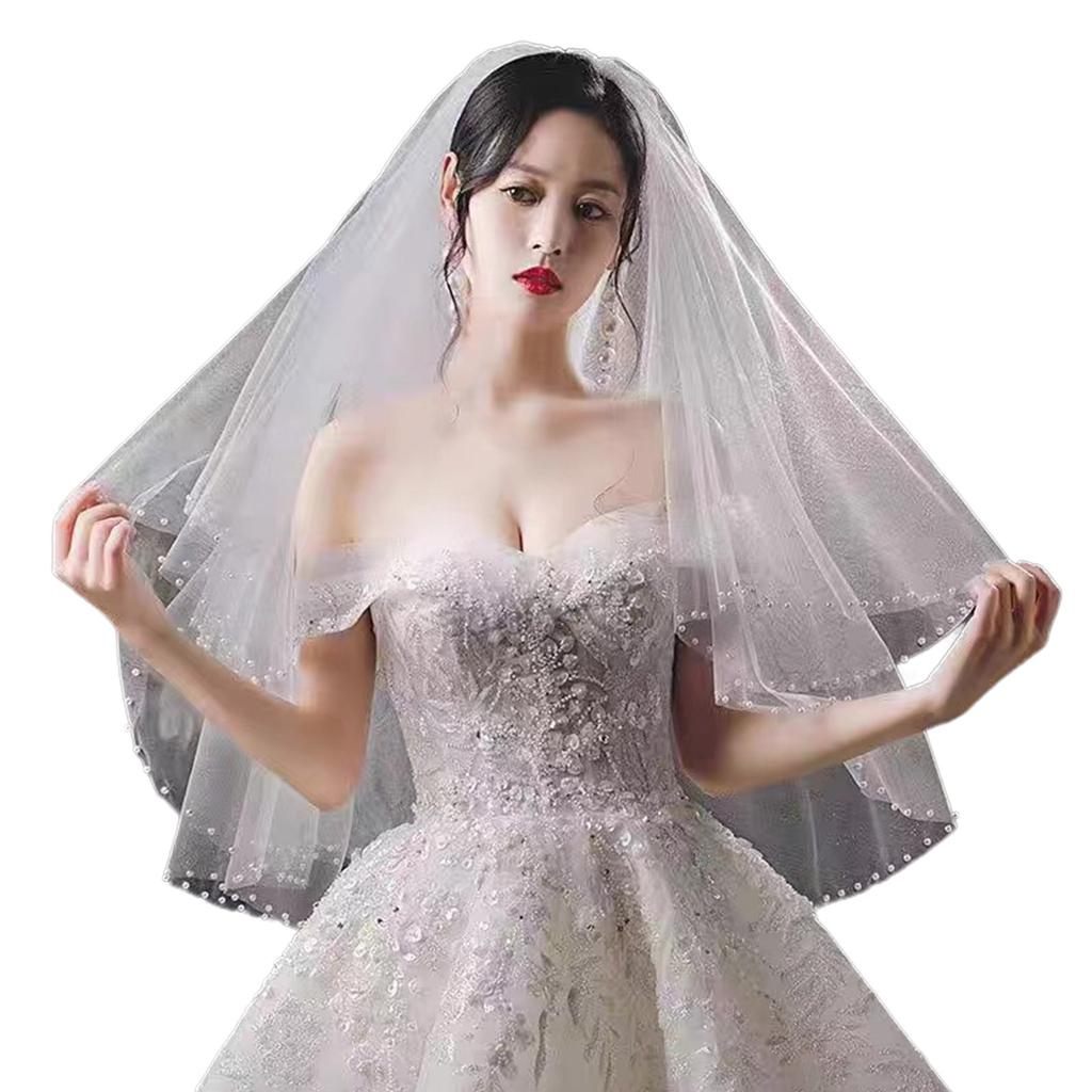 Elegant Bridal Lace Veil Women Pearl Tulle Bachelorette Party White Veil with Rhinestone for Wedding Performances
