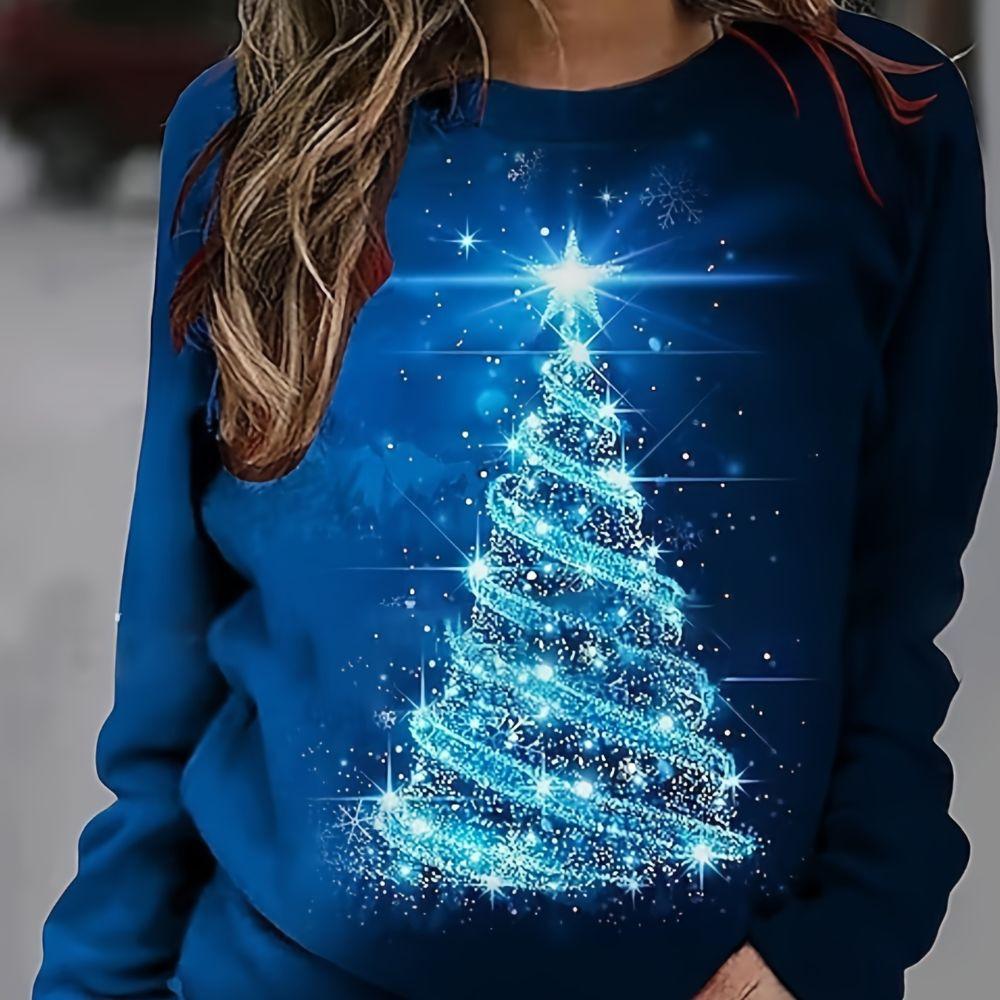 Colorful Christmas Tree Print Long Sleeved High-quality Top Comfortable And Casual Women's Top For Autumn And Winter Breaks