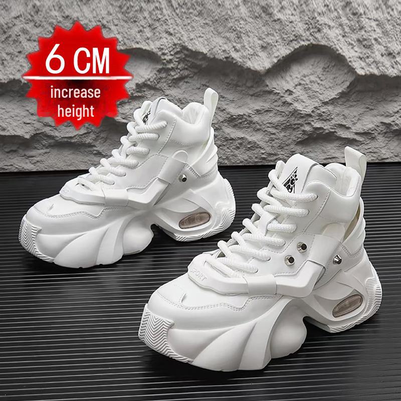 2024 Men's White High-Top Shoes with 12cm Invisible Height Increase, Air Cushion, Thick Sole, Fashionable Dad Sneakers