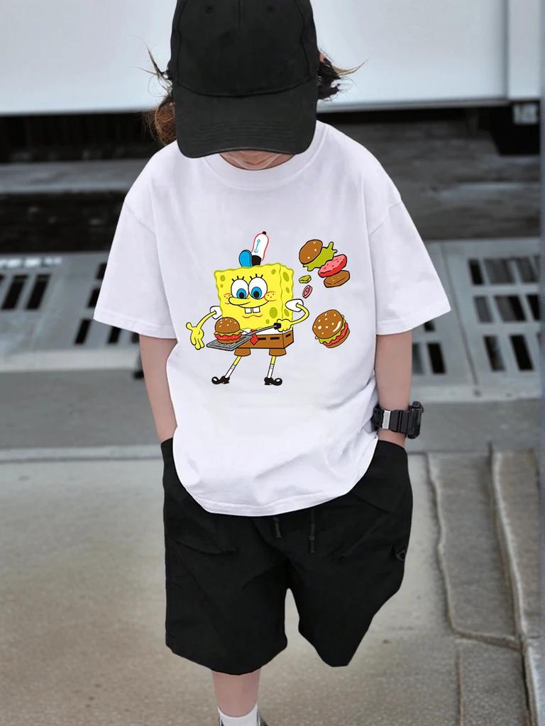 Funny SpongeBob Kids Short Sleeve T Shirt Summer Cute Cartoon Crewneck Boys Girls 3-14