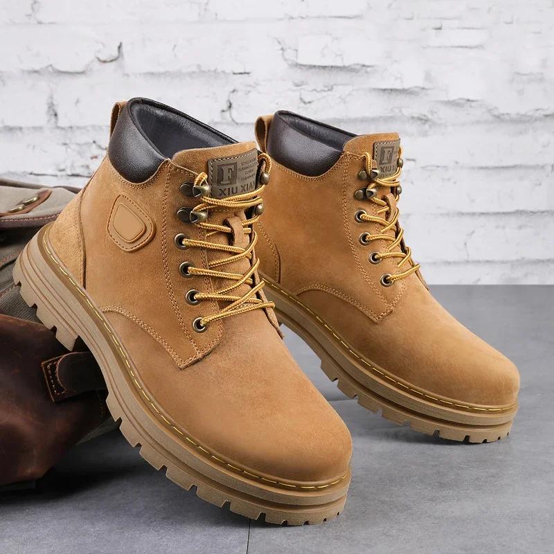 High Top Mens Suede Leather Motorcycle Boots Non-Slip Lace-Up Walking Shoes Luxury Brand Basic Boots Warm Plush Fur Winter