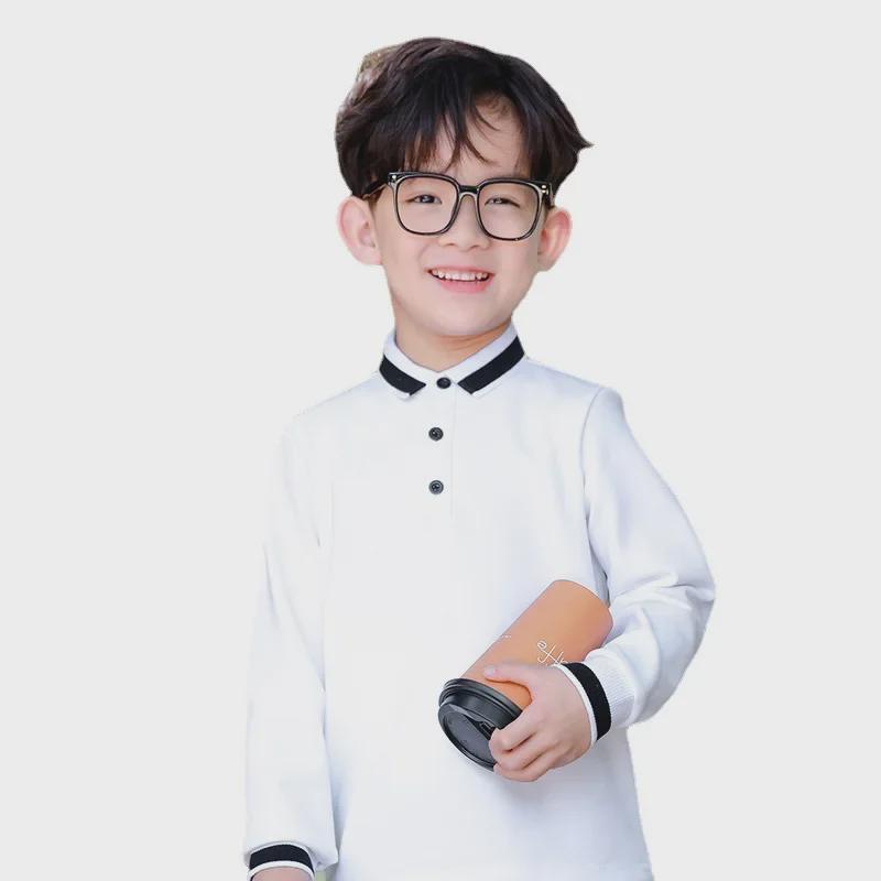 Boys' Long-Sleeve Velvet Polo Shirt - White School Uniform for Older Children In Winter