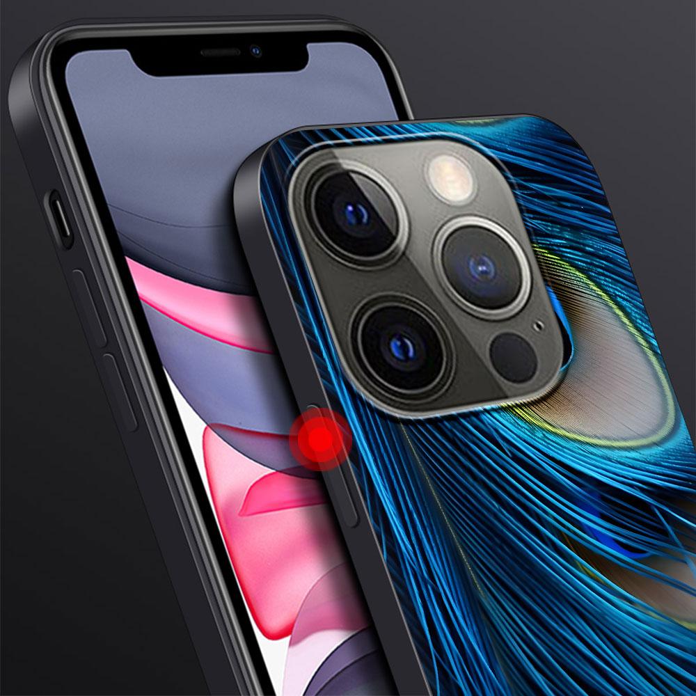 Peacock Feathers Case for Apple iPhone 14 11 7 SE 2020 8 X XS 13 12 Mini XR 15 Pro Max Silicone Black Soft Phone Cover
