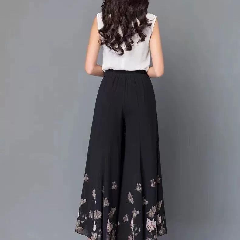 Color Chiffon Wide-leg Pants Women's Summer Chinese Style High-waist Loose Culottes Retro Elastic Waist Thin Nine-point Pants
