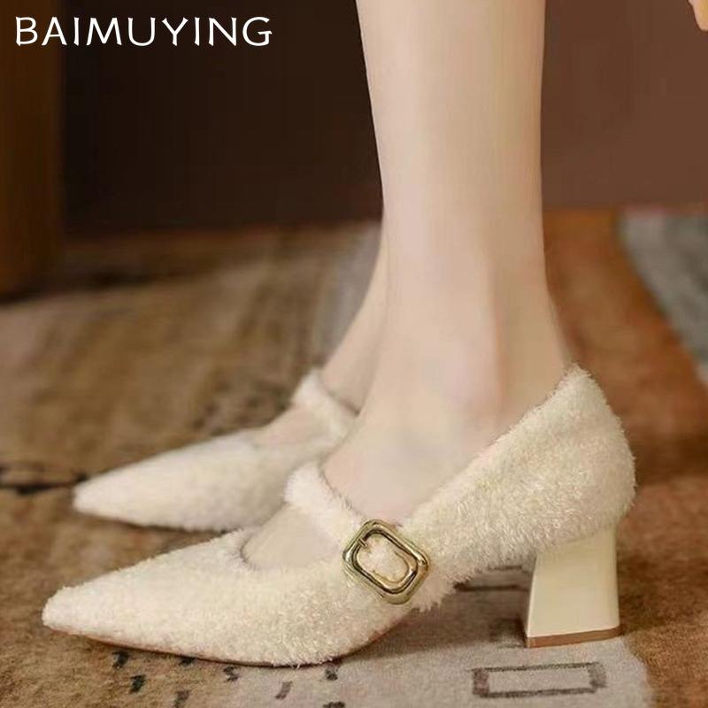 Женские туфли на толстом меху с острым носком, элегантные туфли на среднем каблуке 2025 года, дизайнерские туфли-лодочки с пряжкой, зимняя мода Mujer Zapatos