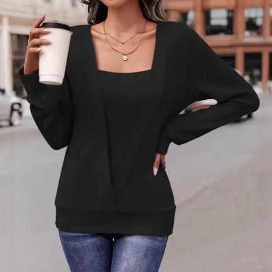 Женская блузка с квадратным вырезом, длинным рукавом, дизайном «два в одном», пуловер, однотонная, свободного кроя, осенняя футболка