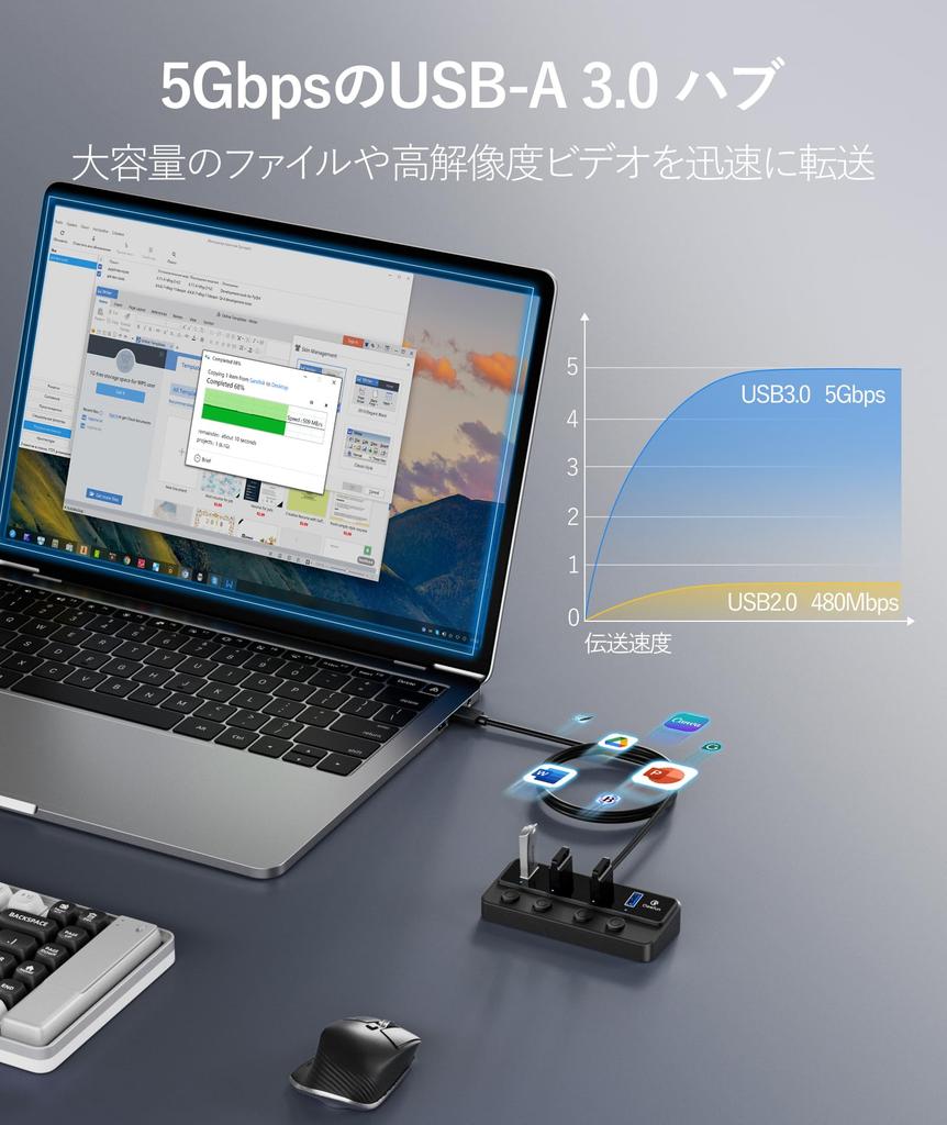 Qeefun USB Hub 5 Port Hub with Power Supply Port Independent Switch LED Indicator Light 5Gbps High Speed Transfer Compact Lightweight Compatible with