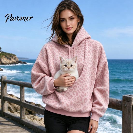 Puppy Pouch Hoodie Leopard Print Pet Carrier for Women, Oversized Hooded Sweatshirt Dog Casual Women & Cat Carrying, Long Sleeve Pullover Top