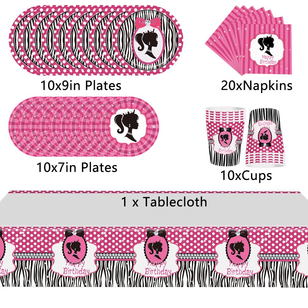 51 шт., принадлежности для вечеринки по случаю дня рождения Барби включают тарелки, салфетки, чашки, скатерть