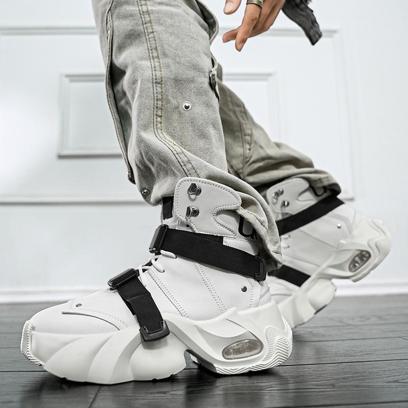 2024 Men's White High-Top Shoes with 12cm Invisible Height Increase, Air Cushion, Thick Sole, Fashionable Dad Sneakers