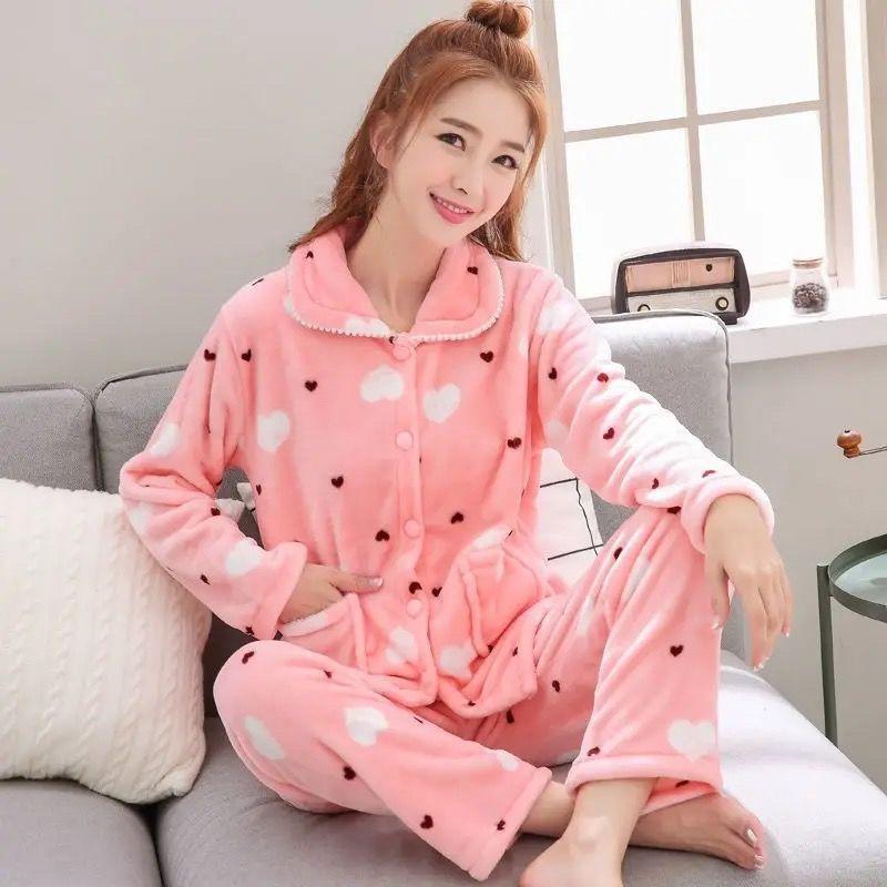 Winter Pajamas Coral Velvet Thickened Small Plus Velvet Warm Coral Long-sleeved Suit Two-piece Pajamas Women Autumn and Winter