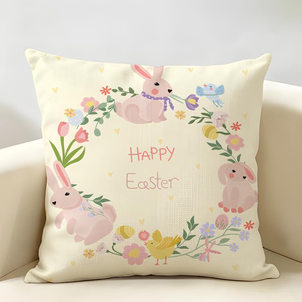 Happy Easter Rabbit Cute Cushion Cover Natural Linen Organic Fabric DoubleSided Printing Room Sofa Decor Pillow Case