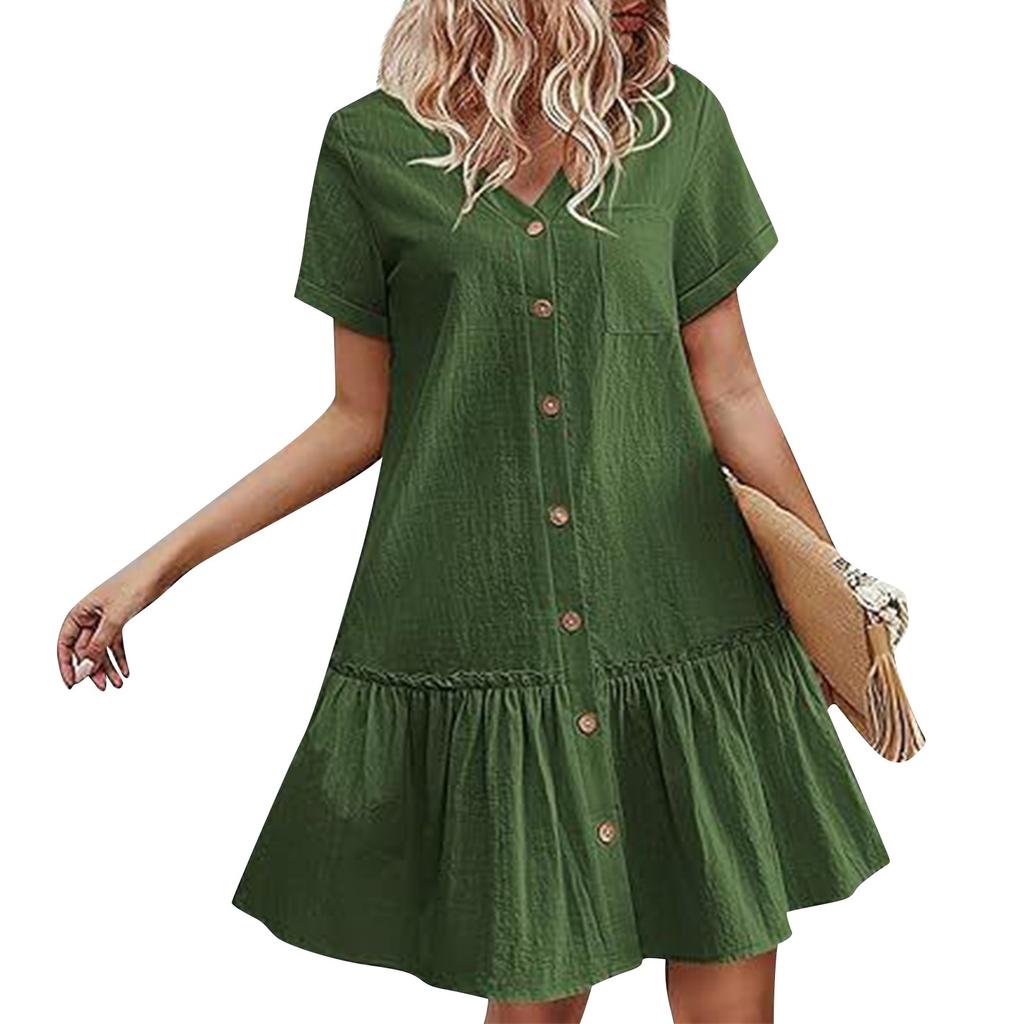 Женское повседневное однотонное свободное платье с v-образным вырезом и пуговицами с короткими рукавами и рюшами по подолу