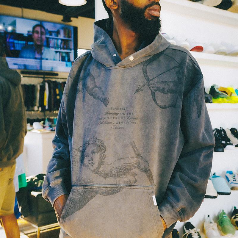 EastRogue Толстовка свободного кроя с принтом ангела Купидона, уличная, вываренная и состаренная, из чистого хлопка, для мужчин и женщин