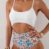 1011 new European and American bikini women's print solid color high waist gathering backless sexy swimsuit split swimsuit