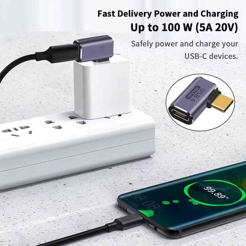 Угловой адаптер USB-C (папа-мама) USB4.0 40 Гбит/с 100 Вт PD Быстрая зарядка 8K 60 Гц OTG Разъем для передачи данных для MacBook Ноутбука