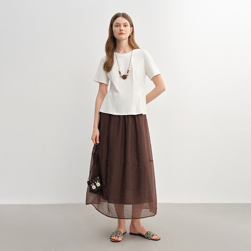 Single Beam Plus size women clothing [Wind and Lotus Swing] Princess Line Split Arc Pleated Slimming T-shirt Shoulder Top