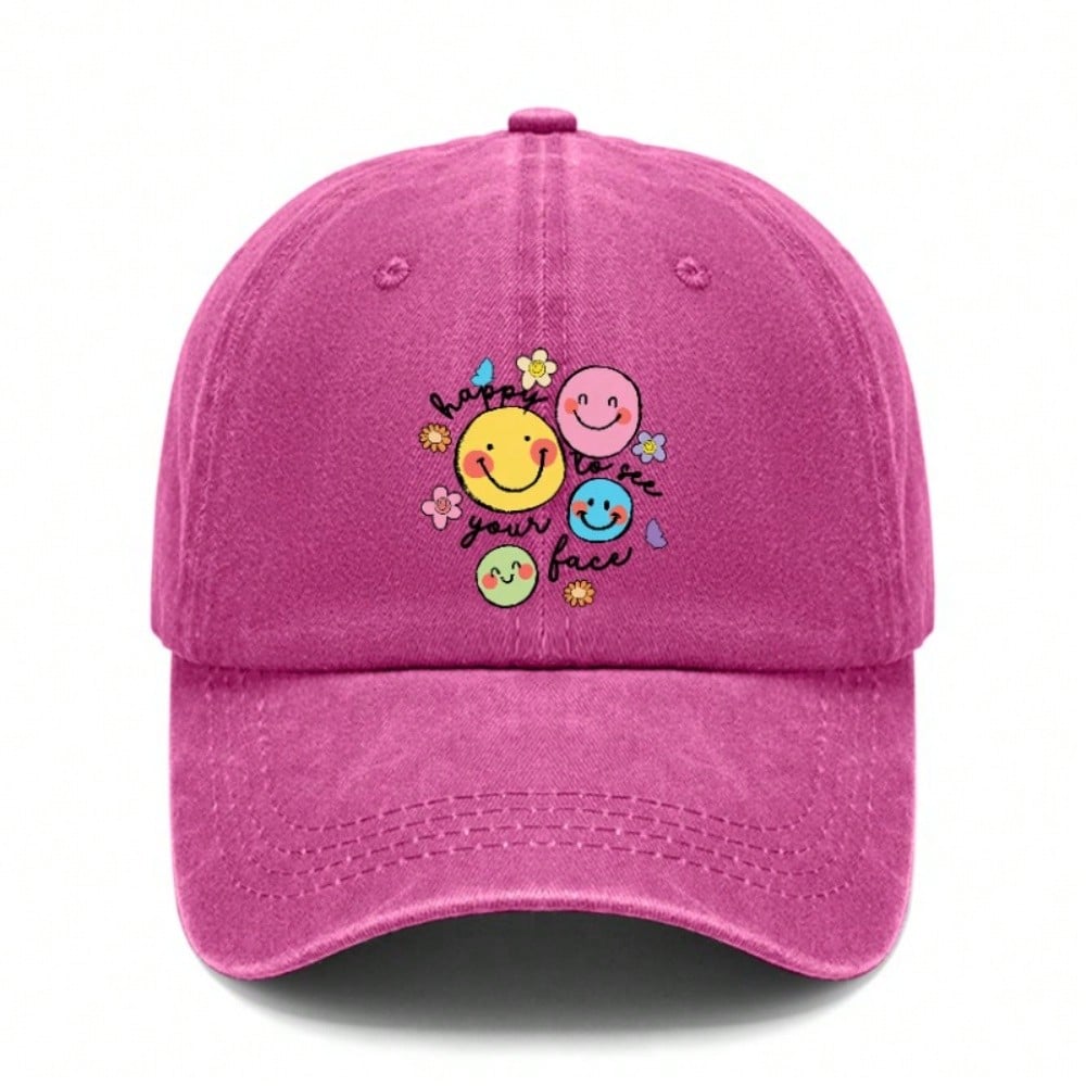 [ Face Baseball Cap] Cute Happy Faces Print Unisex Adjustable Breathable Baseball Hat For Women Men Summer Outdoor Sports