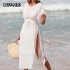 Women's Summer Holiday Solid Colour Round Neck Waist High Split Sun Protection Sexy See Through Bikini Cover Up Dresses