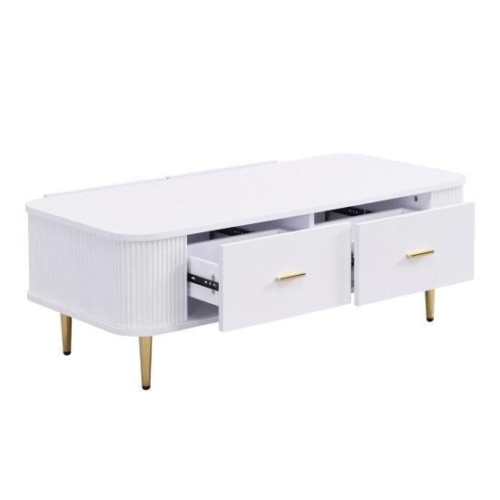 Coffee Table Golden Handles with Two Drawers Large Storage Space Curved Corners Wavy Side Storing MDF Rectangle Shape Tea Table Home