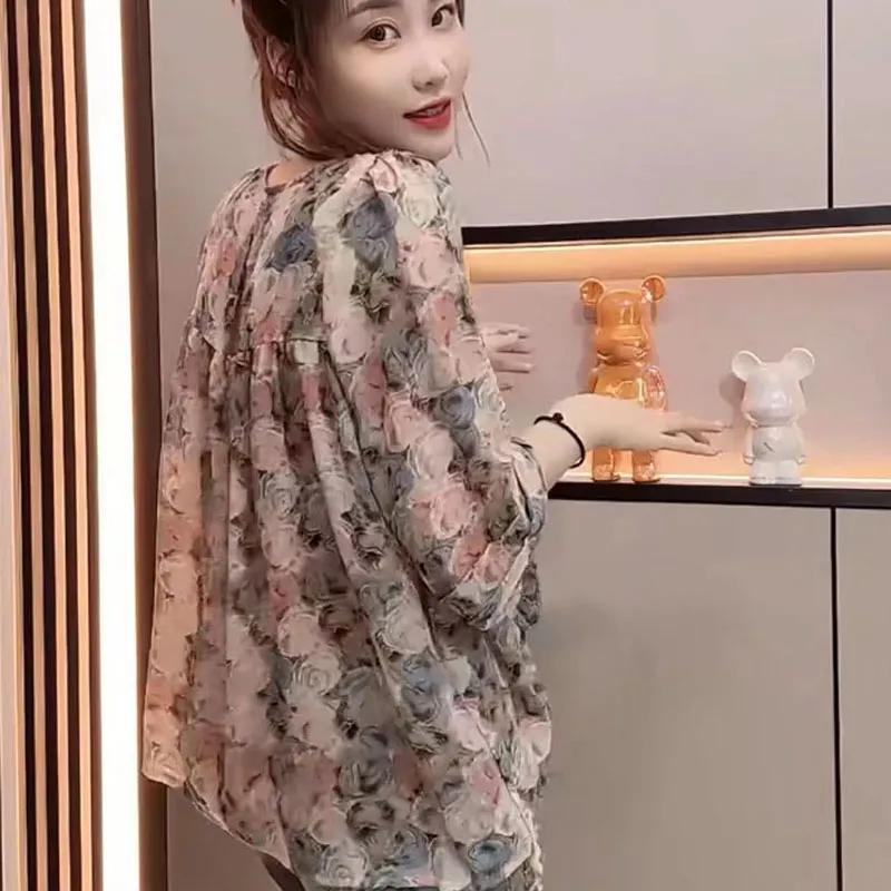 Женская летняя шифоновая рубашка с квадратным вырезом, принтом, кулиской, защитой от солнца, повседневный топ с рукавом 3/4