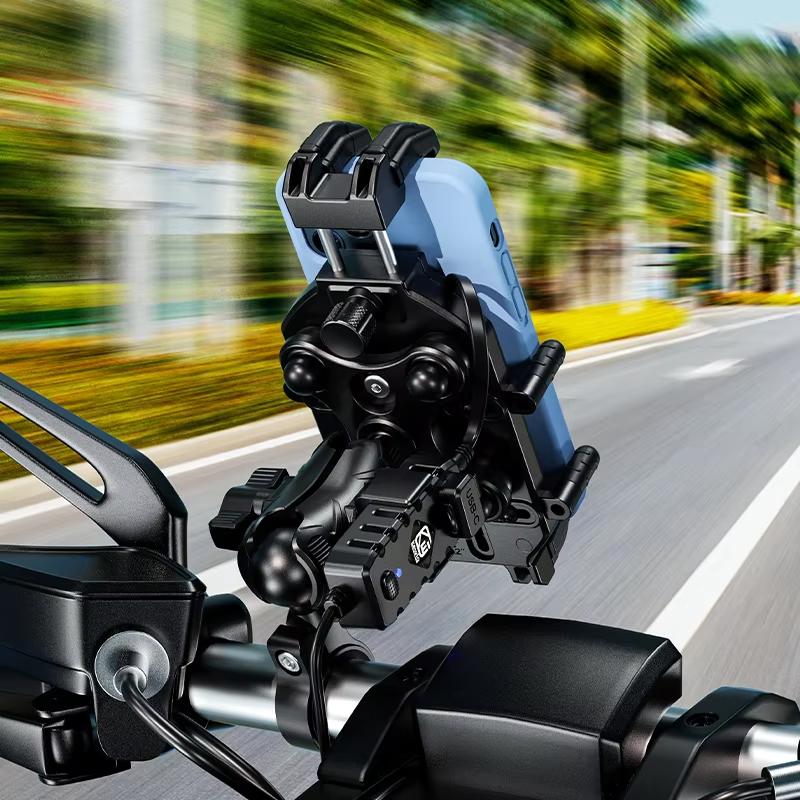 Anti-Theft Motorcycle Phone Mount with 15W Wireless Charger And 30W USB-C Charger for iPhone And Android Phones Handlebar Holder
