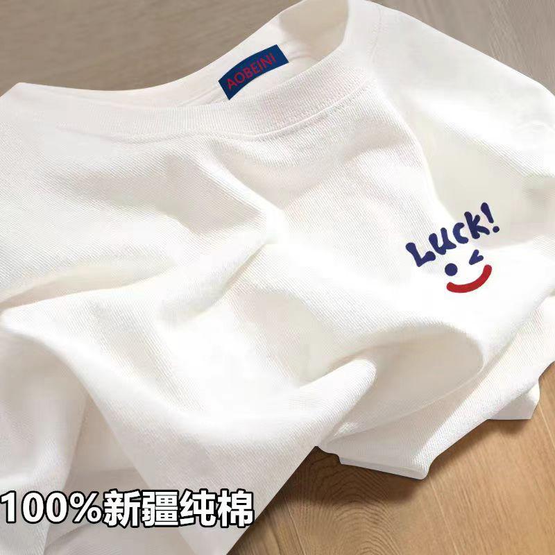 Женская хлопковая футболка с коротким рукавом, тяжелый хлопок, лето 2025, американский ретро, мелкий принт, круглый вырез, свободная, повседневная, размеры M-4XL