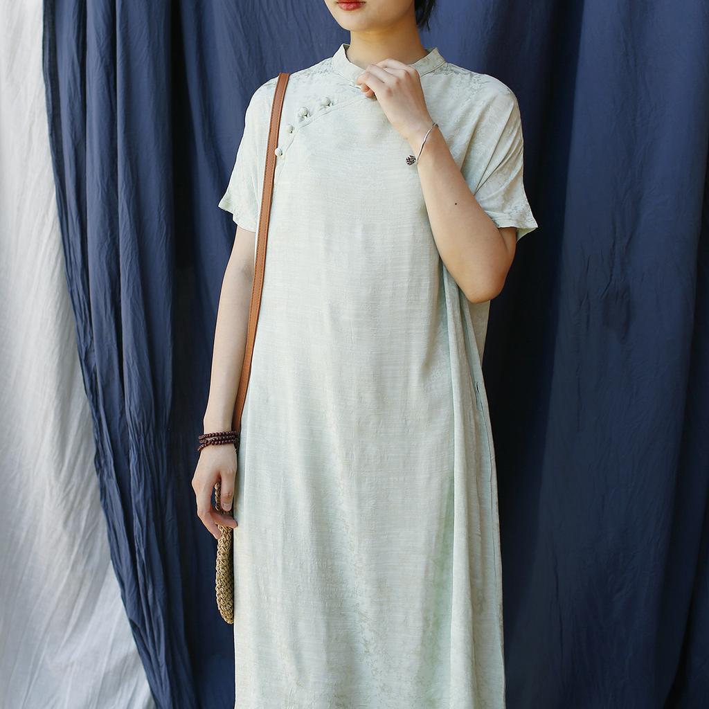 Johnature Винтажное платье с коротким рукавом для женщин, однотонное летнее платье А-силуэта в китайском стиле