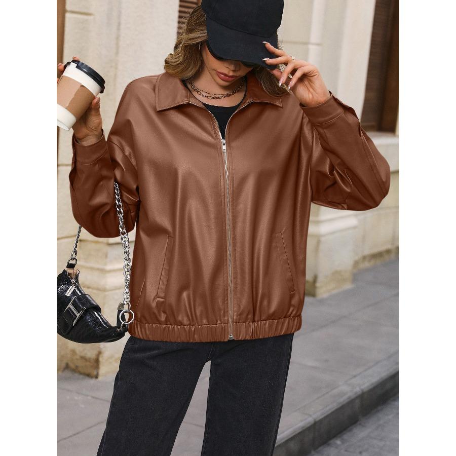 Женская повседневная куртка из искусственной кожи с коротким рукавом и молнией из искусственной кожи, однотонные куртки с лацканами