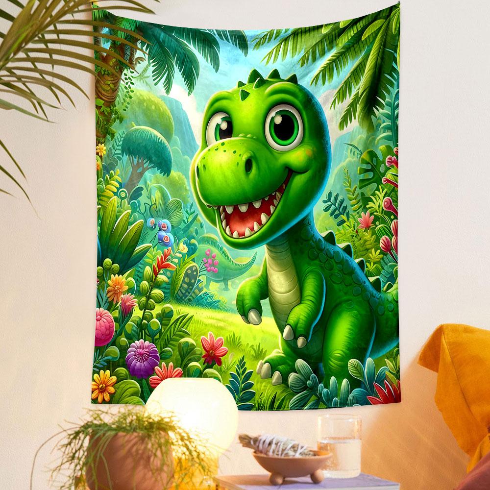 "Smiling Green Dinosaur in Jungle Scene" Patterned Tapestry Decorative Wall Hanging, Home Bedroom Living Room Decor